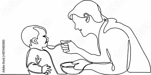 A mother lovingly feeding her baby with a spoon in a simple line drawing