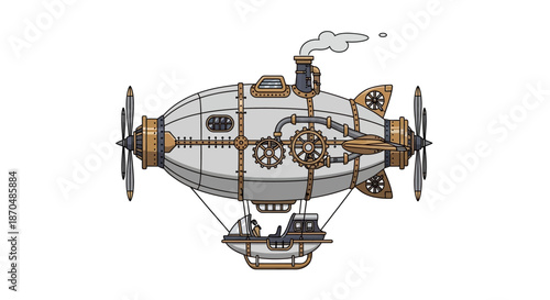 Steampunk airship vector illustration isolated on a white background.