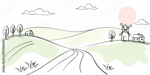 A peaceful sketched landscape featuring windmills rolling hills and a distant sun