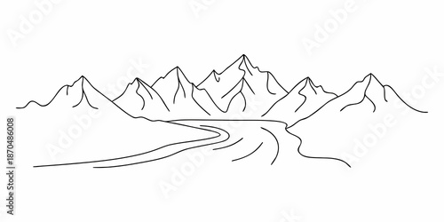 Simple line drawing of a mountainous landscape with a winding river below