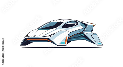 Clean graphic vector illustration of a futuristic white flying car concept.