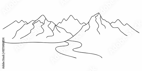 Minimalist line drawing of mountains and a winding river landscape