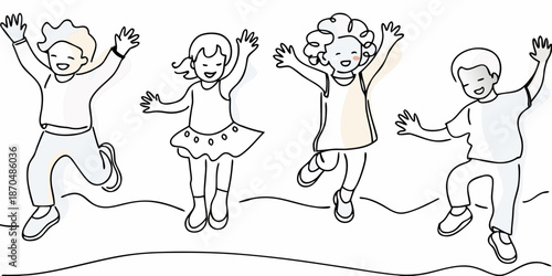 Joyful children jumping with arms raised in a simple line art illustration