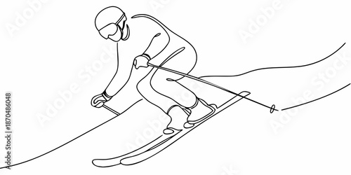 A single line drawing of a skier in action on snowy slopes