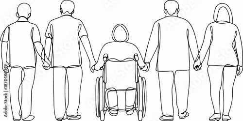Line art depiction of people holding hands including someone in a wheelchair