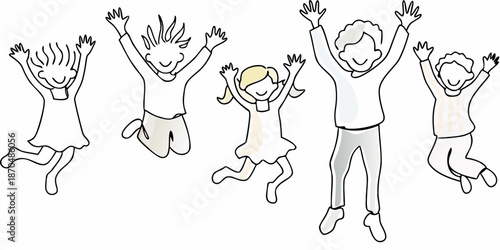 A group of children joyfully jumping with arms raised in the air