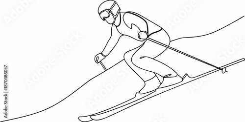 A minimalist line drawing of a skier in action on snowy slopes