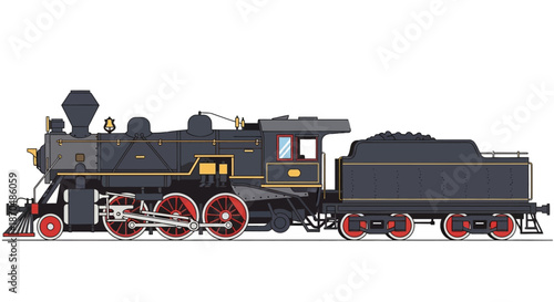 Classic steam locomotive with tender on white background