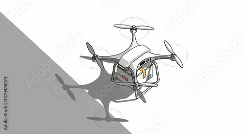 Drone delivering a package with a shadow on white background