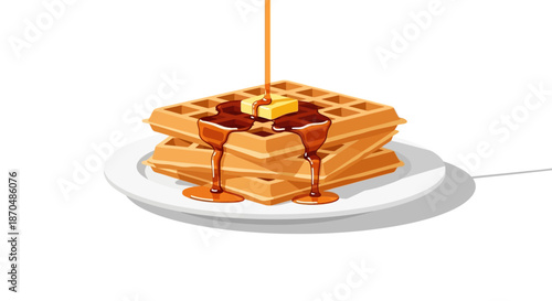 A stack of waffles with butter and maple syrup dripping down, isolated vector illustration.