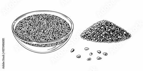A detailed illustration of black peppercorns in a bowl and scattered around