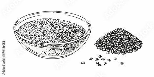 A sketch illustration of a bowl and pile of chia and buckwheat seeds