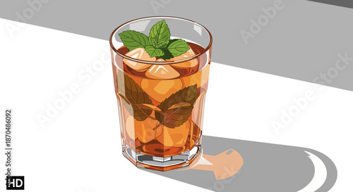 Refreshing iced tea with mint and ice in a glass.