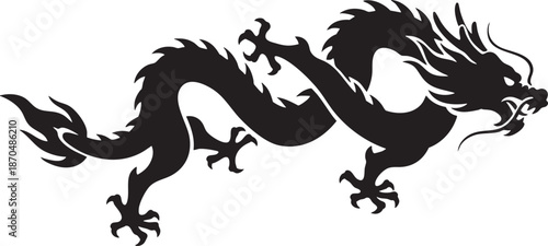 Chinese Dragon Silhouette Traditional Ink Brush Style Isolated on White Background