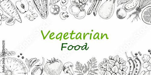 A delightful assortment of fresh vegetables and fruits in a botanical illustration