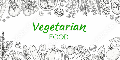 Artistic illustration of various fruits vegetables and the word vegetarian in green