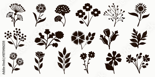 A collection of delicate floral silhouettes in monochrome showcasing diverse botanical shapes
