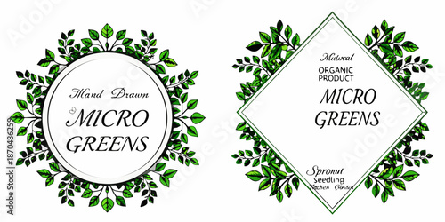 Elegant floral frames showcase micro greens organic product labels with hand drawn details