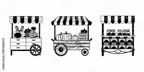 Black and white illustration of three vintage market stalls with produce