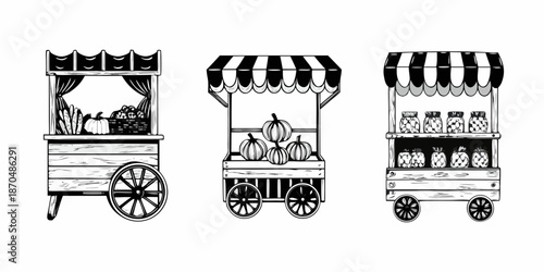 Vintage market carts with pumpkins and various goods black and white illustration