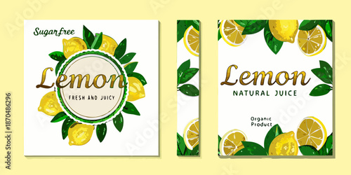 Fresh lemon juice packaging design with vibrant lemons and green leaves