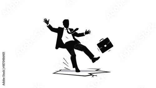 Businessman losing his balance and dropping briefcase in a moment of crisis