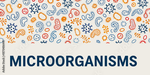 Colorful pattern featuring various stylized depictions of microorganisms and bacteria