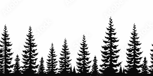 Silhouetted coniferous trees against a bright expansive white background
