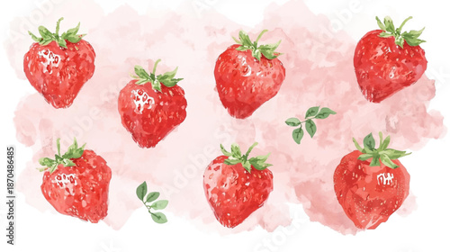 Watercolor illustration of fresh red strawberries with green leaves on a soft pink background.