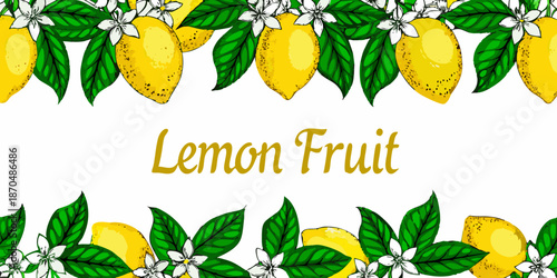 Illustrative botanical pattern featuring lemons blossoms and lush green leaves