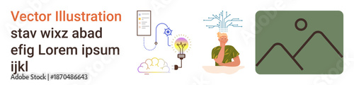 Creativity, innovation, sustainable design, technology, human connection, concept art. A person with a plant brain, tech ideas bulb. Creativity and innovation with sustainable design