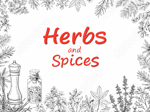 Botanical illustration featuring herbs spices and vintage kitchen elements