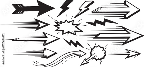 Hand-Drawn Arrows and Lightning Bolts Sketchy Doodle Elements Collection Isolated on White