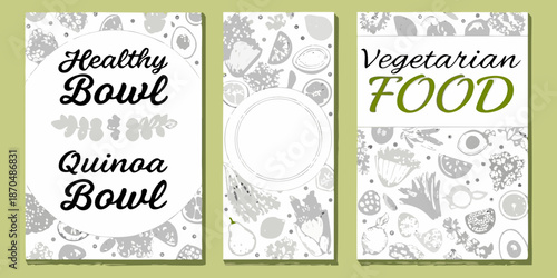 Decorative banner designs featuring avocado quinoa and vegetarian food illustrations
