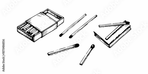 A detailed illustration of an open matchbox and scattered matches nearby