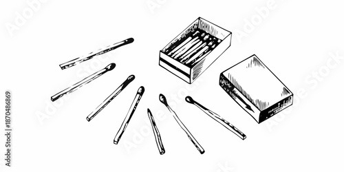A sketch displaying an open matchbox and scattered matches around it