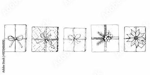 A row of beautifully sketched gift boxes with festive decorations