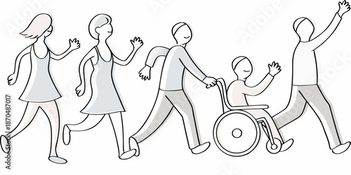 A diverse group of people including a wheelchair user running together