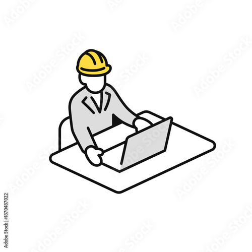パソコン作業をする現場作業員のシンプルなベクターアイコンイラスト