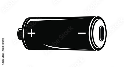 A simple black and white illustration of a cylindrical battery with positive and negative signs silhouette
