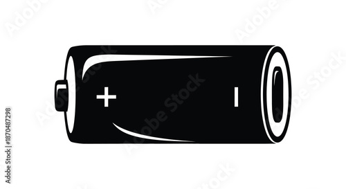 A striking black and white illustration of a cylindrical battery with positive and negative signs silhouette