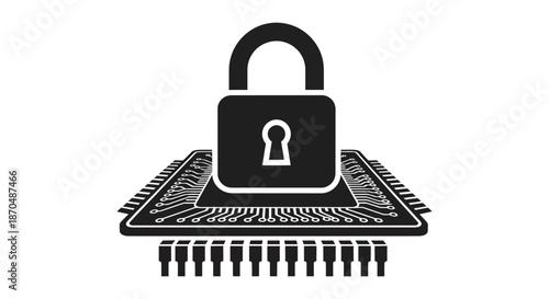 A digital security concept featuring a lock atop a microchip rendered as a striking silhouette