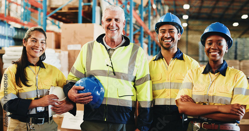 Photos Happy people, portrait and team with helmet in warehouse for shipping, supply chain or storage