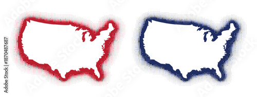 Set of USA map silhouettes featuring glowing red and blue neon borders for patriotic or futuristic designs.