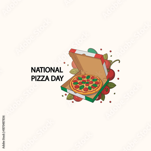 National Pizza Day Box Illustration with Toppings and Decorative Elements on Light Background