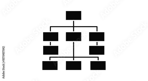 a black geometric arrangement of interconnected squares and rectangles forming a hierarchical structure silhouette
