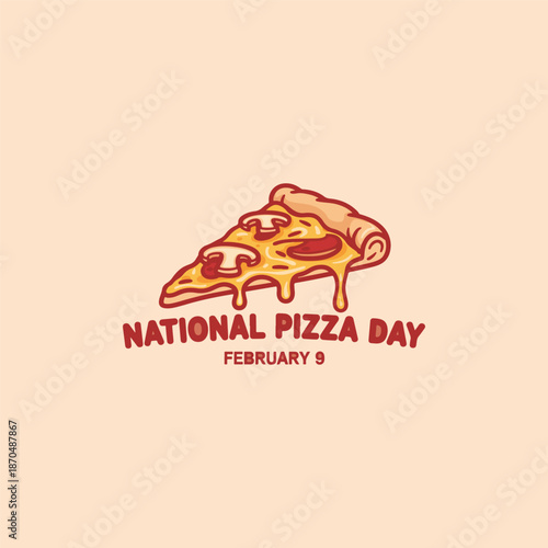National Pizza Day Slice with Melting Cheese and Toppings on Beige Background