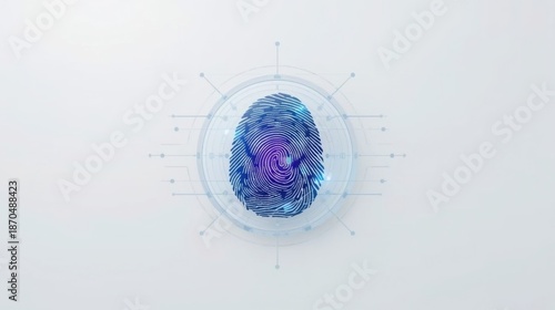 A futuristic online identity fingerprint scan on a 2 gigapixel standard v2 4x with a blue and purple fingerprint in a translucent circle on a light grey background
