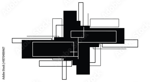 Abstract geometric composition featuring interlocking rectangular shapes and lines a striking black silhouette