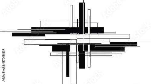 Abstract geometric composition featuring intersecting lines and rectangular shapes a striking black and white silhouette